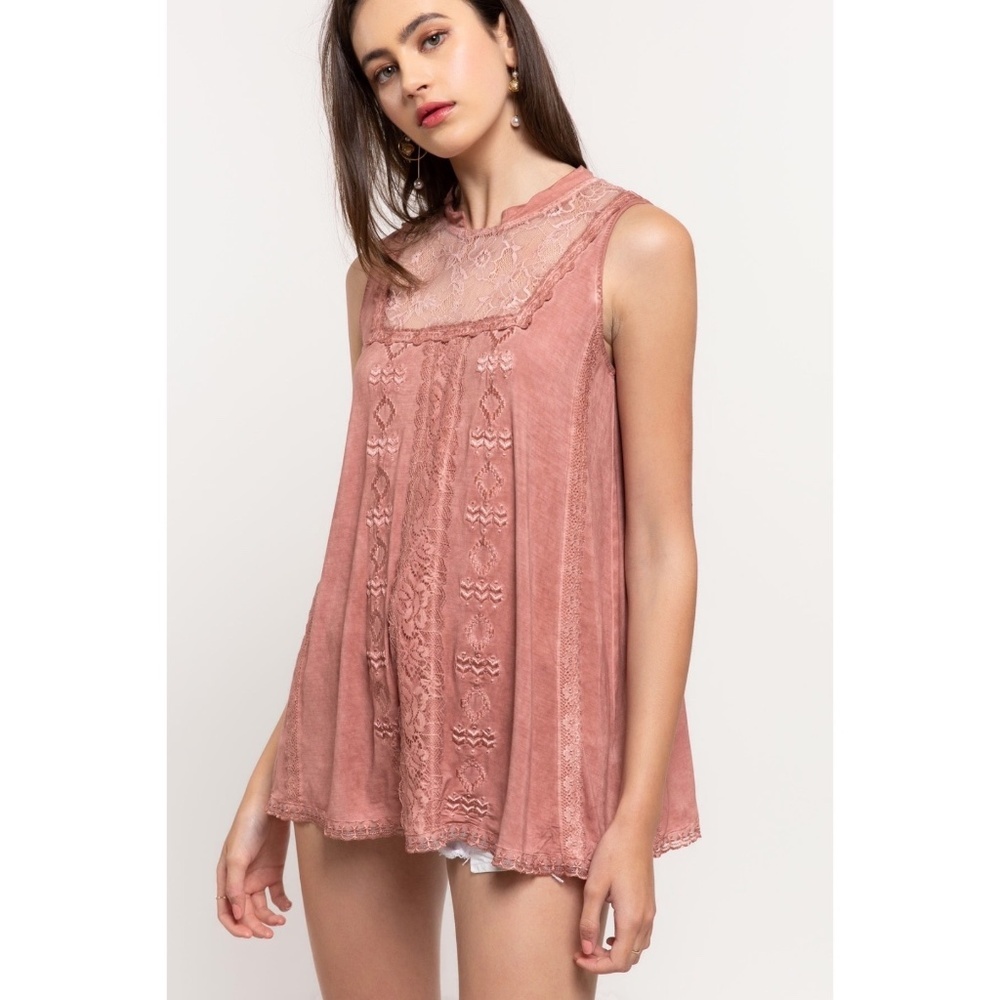 POL Terracotta Sleeveless High Neck Lace & Embroidered Rayon Top - Picture 4 of 8
